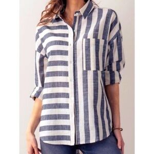 𝅺soft Surroundings Camina Gray Stripe Print Linen Blend Button Down Size:Large